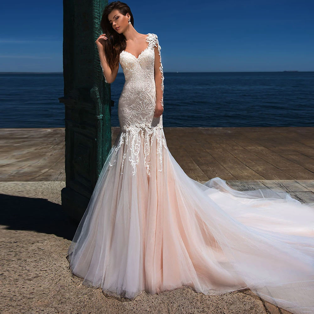 

Sexy Mermaid Wedding Dresses Custom Made O-Neck Full Sleeves Appliqued Flowers Pearls Button Back 2021 New Bridal Gowns