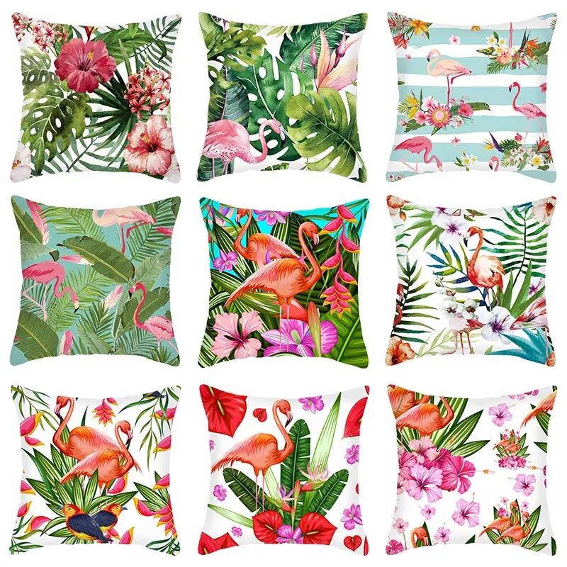 

45cmx45cm Tropical Plants Pillowcase Flamingo Polyester Cushion Cover Green Leaves Throw Pillow Sofa Home Decoration Pillowcover