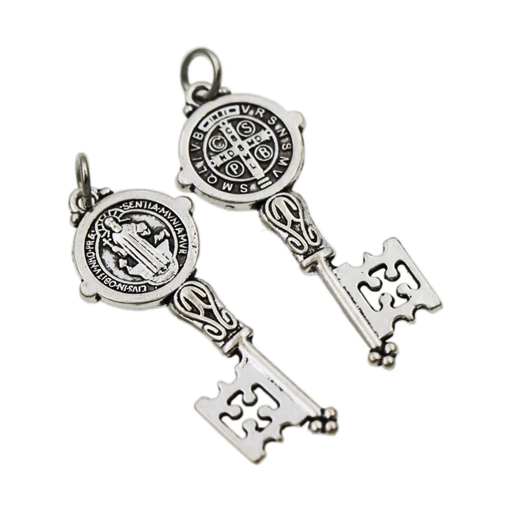 

Saint Benedict Medal Cross Cristo Redentor Key Spacer Charm Beads Pendants T1686 16.5x41mm 14pcs Tibetan Silver Religious