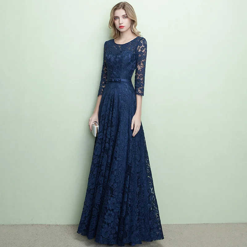 

Women's long formal prom evening dress O neck lace embroidery wedding party dress Plus size Ceremony Bespoke Occasion Dress