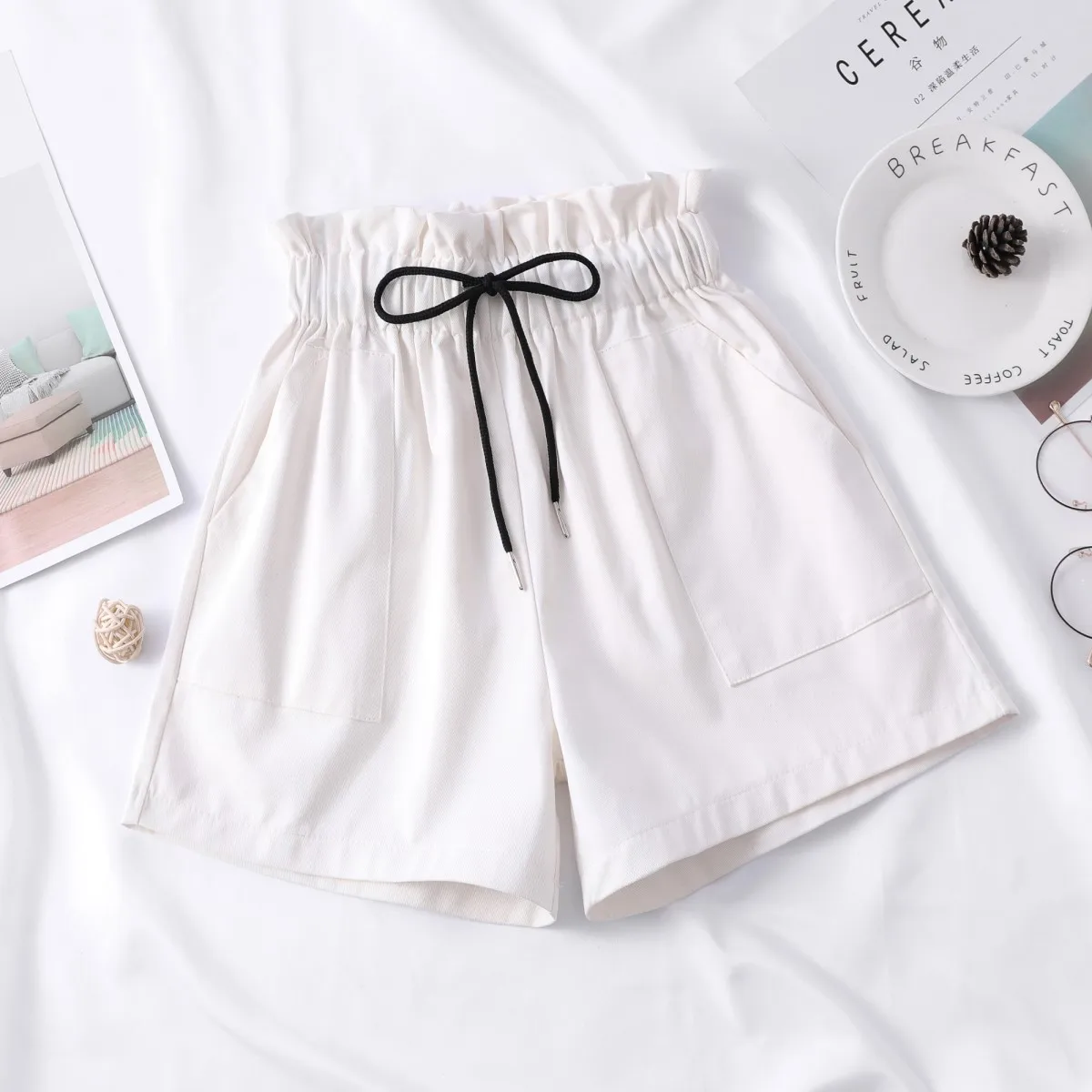 Модные женские эластичные шорты с поясом и высокой талией на лето осень 2020