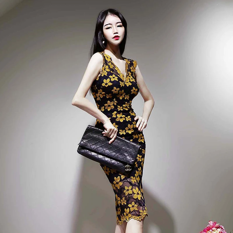 

Simgent Wrap Dress 2020 Spring Summer Sleeveless Flower V-Neck Pencil Dress Vestidos Robe Dentelle SG004293