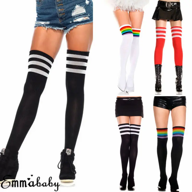 Женские вязаные длинные носки в полоску повседневные теплые выше колена для
