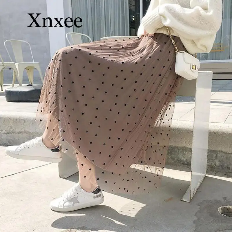 

2020 ankle length Reversible Tulle Velvet Women prairie chic Spring Elegant Polka Dot Long Skirt Female loose Pleated Midi