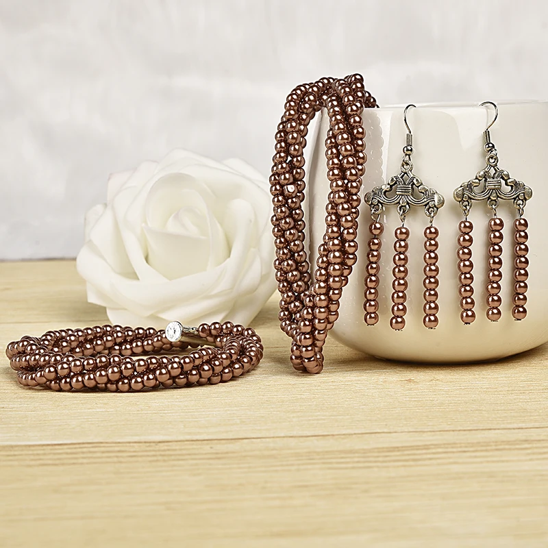 Бокал для шампанского бисерные Стиль шик синтез жемчуга 4 ряда ожерелье браслет