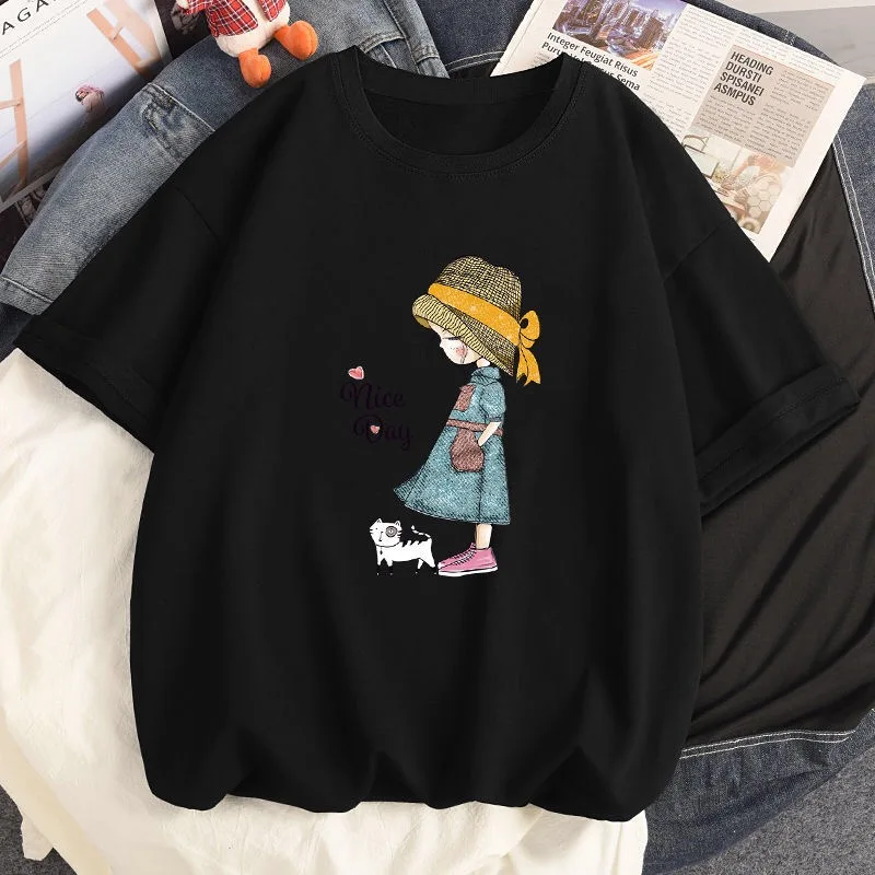 

Женская футболка из 100% хлопка, новинка 2021, рубашка в Корейском стиле большого размера, модные летние женские футболки с круглым вырезом и ко...