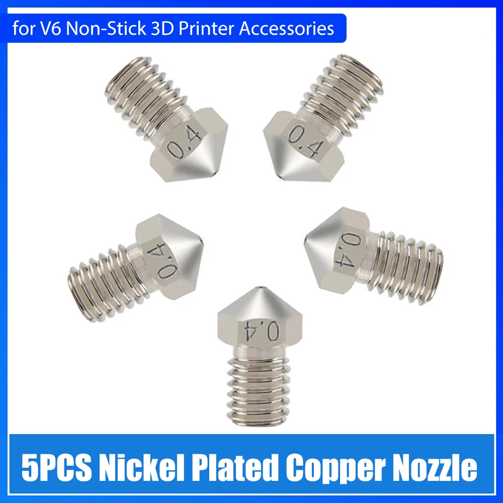 

5 шт. никелированная медная насадка 0,4 мм, Hotend Thread для V6, антипригарные аксессуары для 3D-принтера для PETG ABS PEI PEEK, расходные материалы