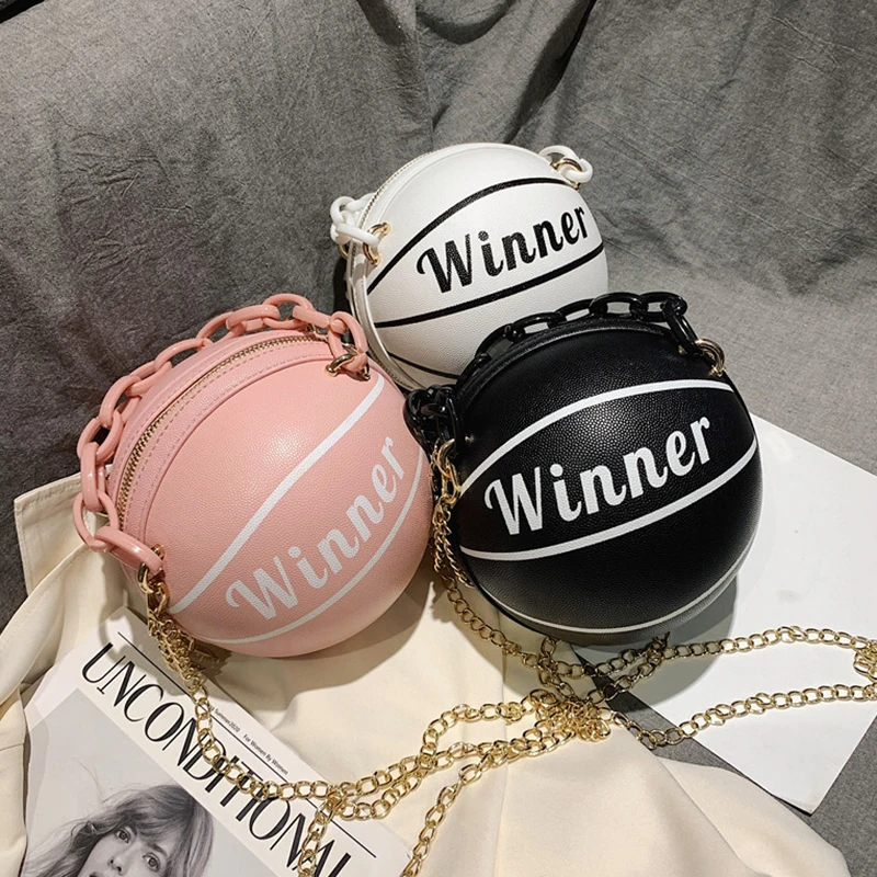 

1pc Basketball Bag 2021 New Fashion PU Shoulder Bags Crossbody Chain Hand Bags For Teenagers Women Pink Creative Basketball Bag