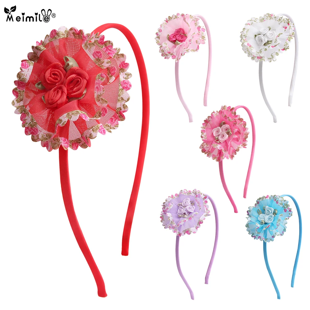 

Memile big flower headband for kids headwears with satin rose girls ribbon flower floral hairbands mesh made