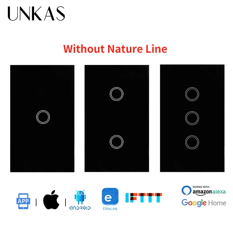 

UNKAS US Standard 1/2/3 Gang WIFI Touch Switch Ewelink APP Control Work With Alexa Single Fire Line Smart Crystal Glass Panel