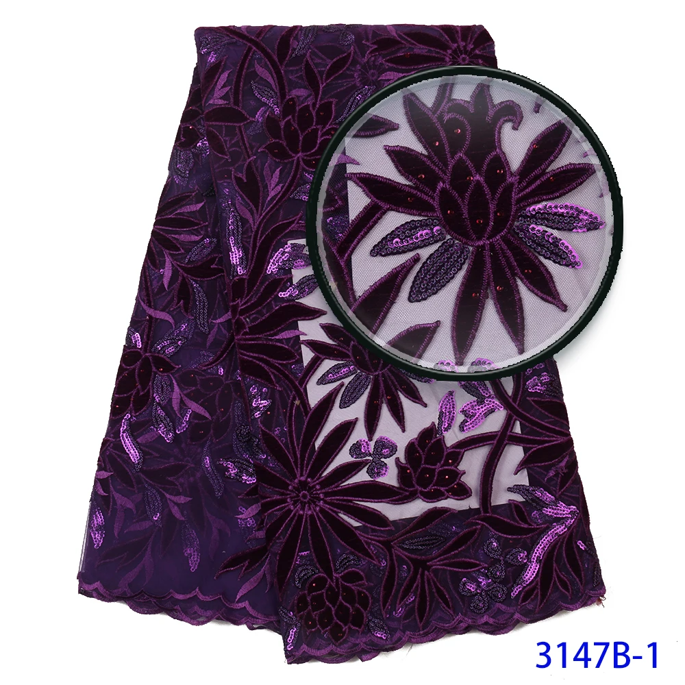 Лучшее качество африканская бархатная кружевная ткань фиолетовая с блестками