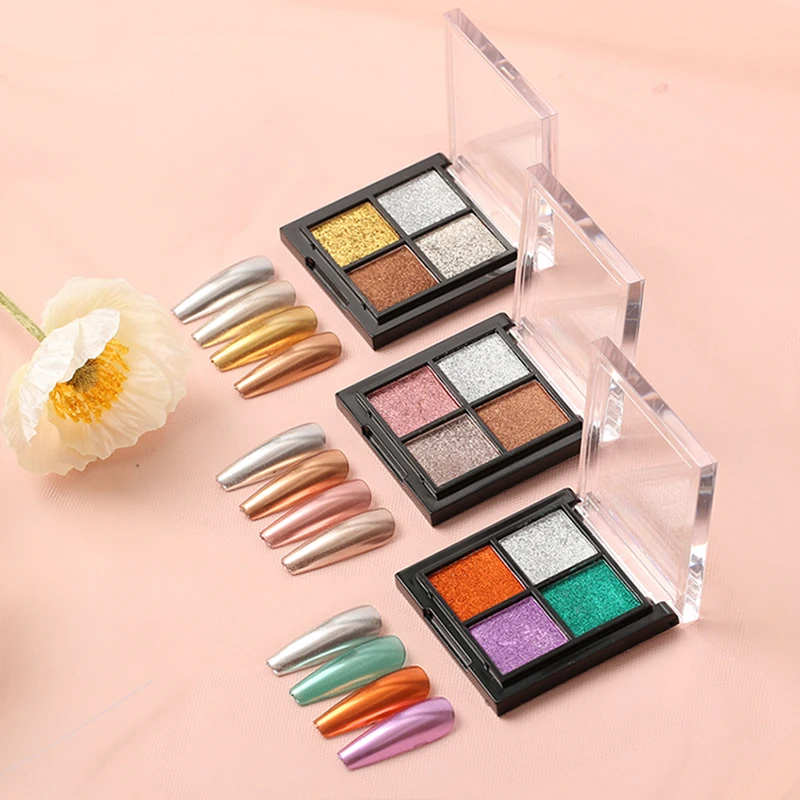 O.R.I Four Color Solid Mirror Nail Powder Holographic Decoration Manicure Tool Set Glitter Aurora Chrome Nail Pigment Powder