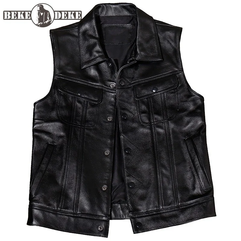 

Punk Style Vest Natural Cowhide Genuine Leather Mens Waistcoat Vintage Black Motorcycle Biker Sleeveless Jacket Men Cowboy Vests