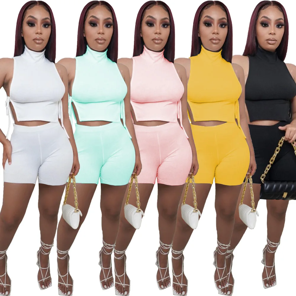 

Summer Outfits for Women Fashion Turtleneck Sexy Side Tie Solid Color Casual Nightclub Two Piece Suit Wholesale Dropshipping