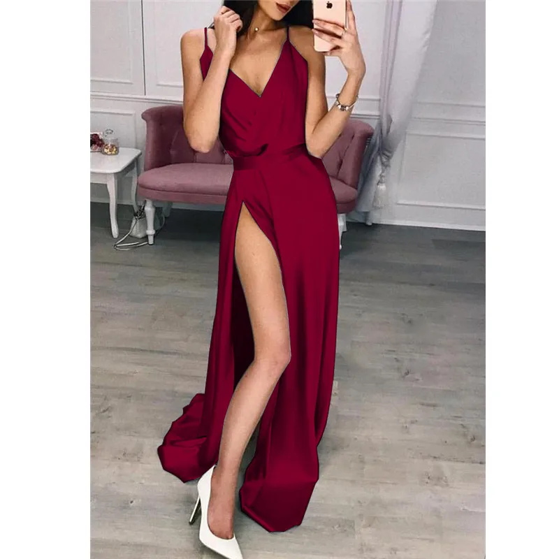 Модное Вечернее платье с v образным вырезом разрезом на бретелях блестящим