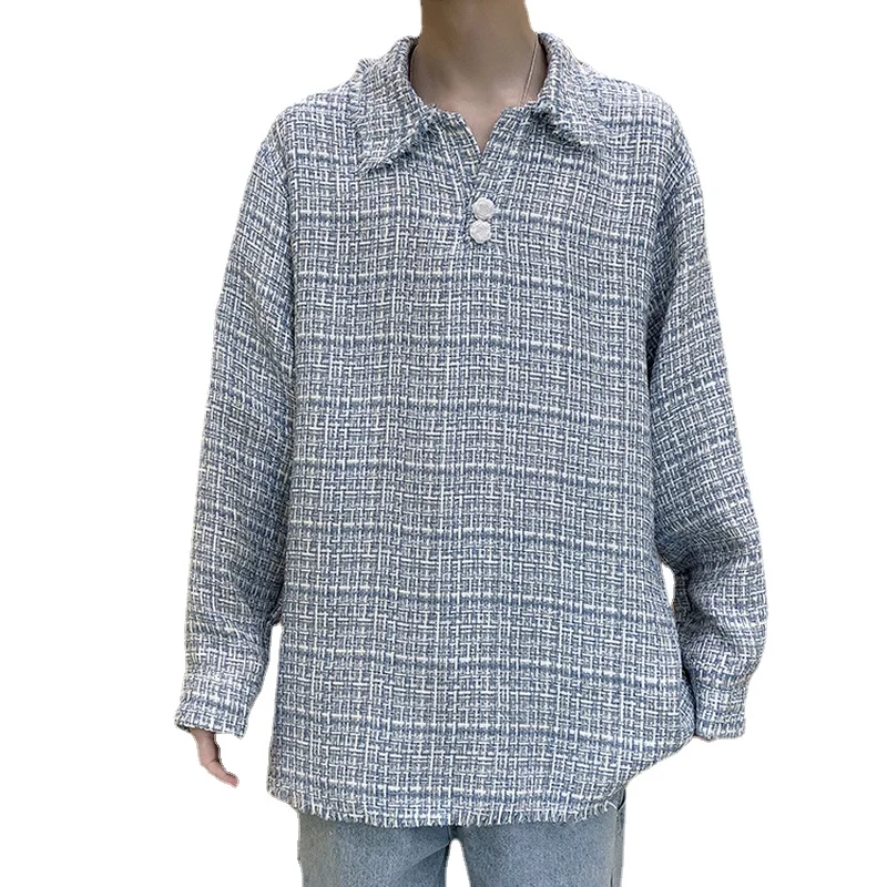 

Легкий роскошный пуловер с отложным воротником для мужчин, осень 2021, повседневный свитшот в клетку с длинным рукавом, свободные топы, одежда...