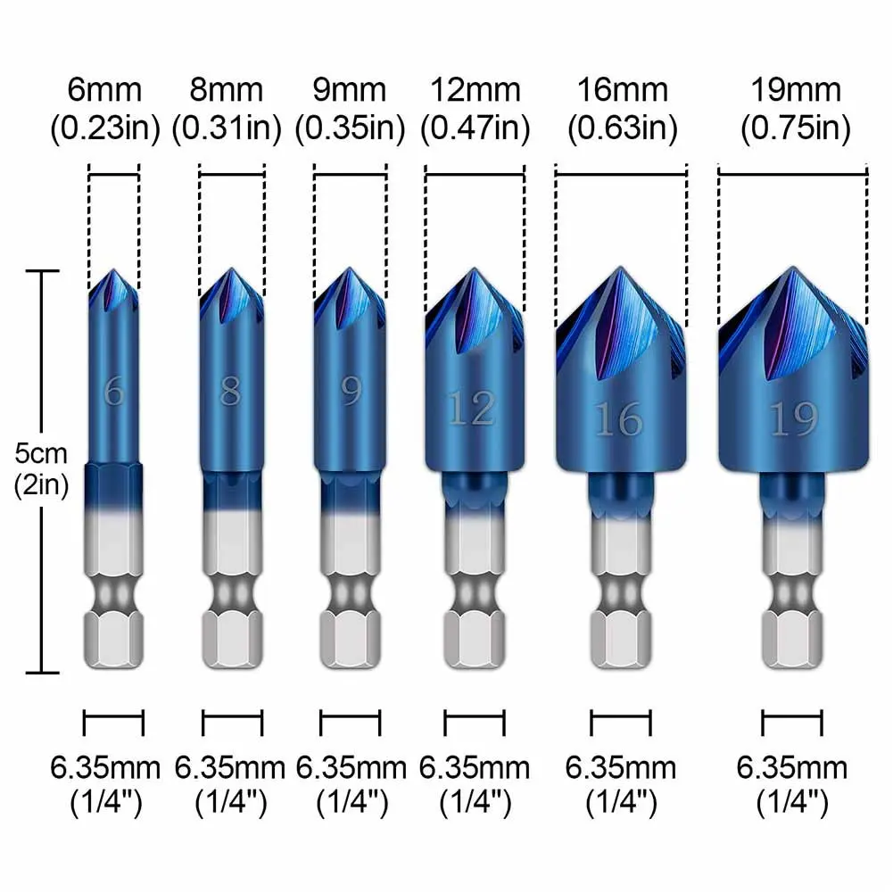

6pcs 1/4" Hex Shank HSS Countersink Drill Bit 90 Degree Hexagonal Shank 5 Flute Nano Chamfer Tool Woodworking Drill Bits 6-19mm