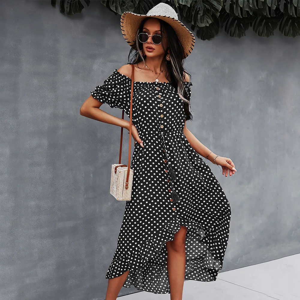

One-shoulder dress 2021 spring and summer classic polka dot skirt woman dress