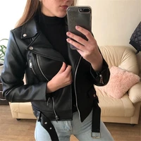 2021 winter womens zipper artificial leather jacket lapel long sleeve short pu motorcycle clothing slim jacket coat