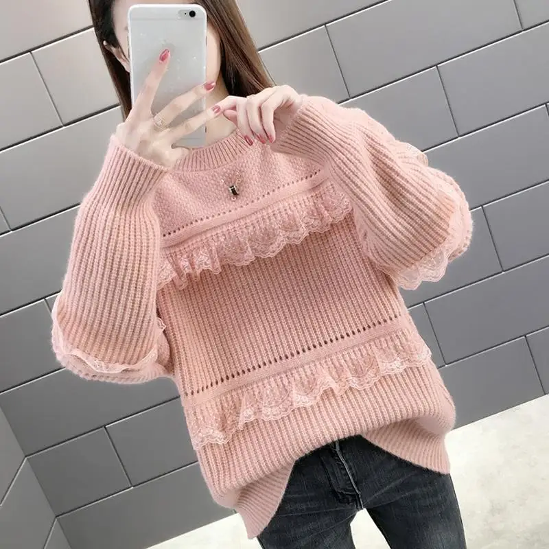 

Sweater women autumn/winter 2022 new round neck lace loose Korean women's knitted bottoming shirt tops women foreign trends