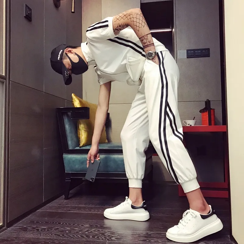 

Summer Short Sleeve Zipper Stand Collar T-Shirt Mens Casual Wear Sets Elastic Slim Fit Striped Sweatpants Fashion Male Tracksuit