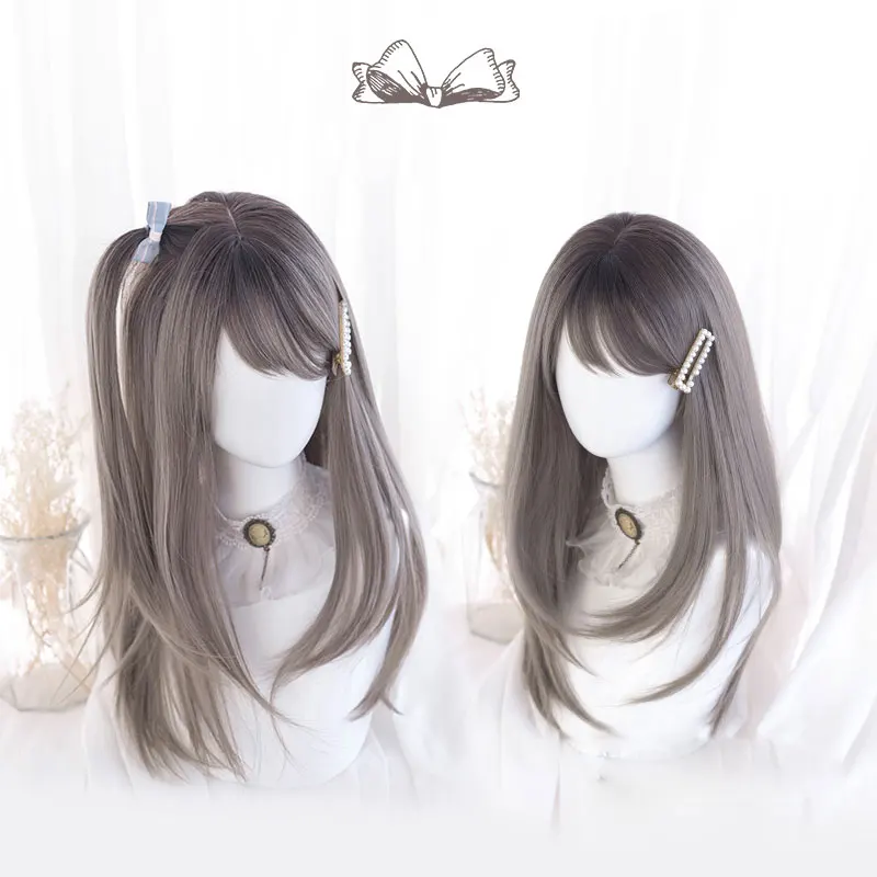 

TALANG Grey Black Long Straight Wig Daily Synthetic Wig For Women Cosplay Natural Fiber Fake Hair Heat Resistant Straight Wigs