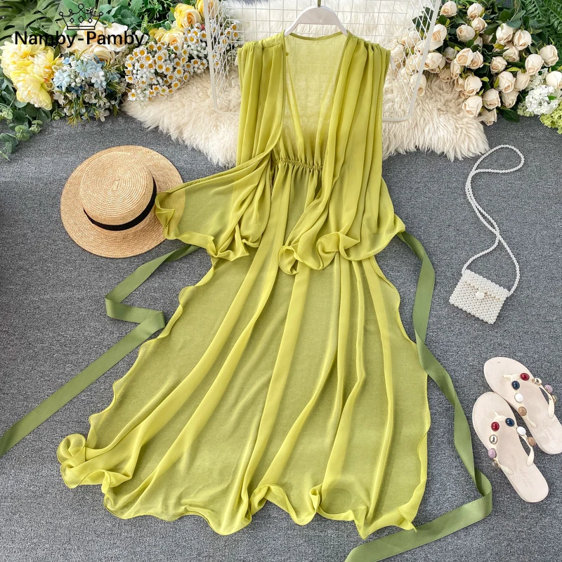 

Women's Summer New Sleeveless Shirt Tops Bow Lacing Waist Irregular Front Short Back Long V-neck Slim Chiffon Shirt Tide ML872