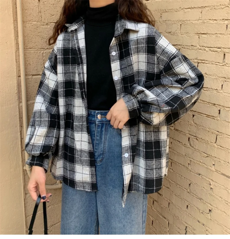 Women Plaid Warm Shirt Female Jacket Checked Coat Casual Turn-down Collar Long Sleeve Autumn Blouse Fashion Loose Outwear Tops