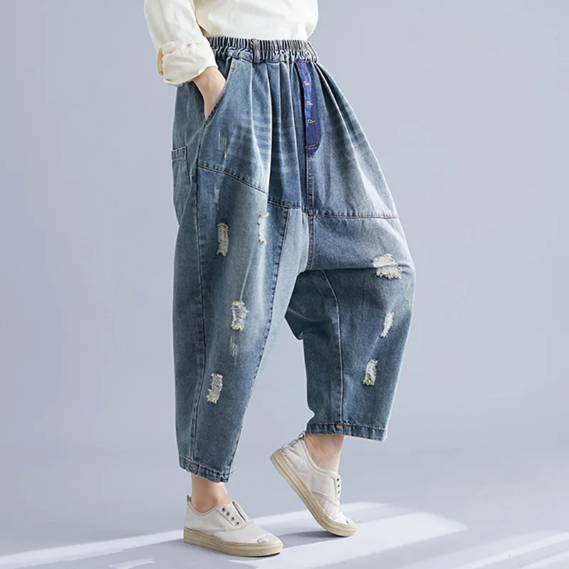 Джинсы большого размера штаны с эластичной резинкой на талии синие ковбойские