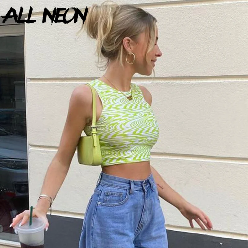 

ALLNeon 90s Aesthetics Striped Print Crop Tops Y2K Summer Streetwear Sleeveless O-neck Green Baby Tanks Women 2021 Sexy Vests