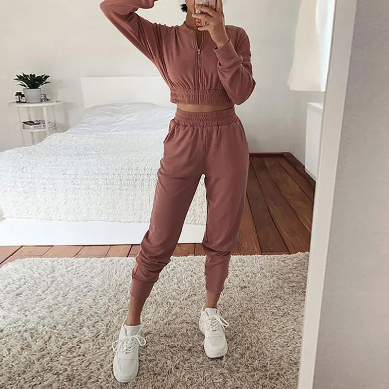 

Solid Casual Two Piece Set Women's Tracksuit Long Sleeve Zippers Draw back Crop Top Long Pants Homewear Women 2021 Spring Suit