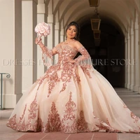 rose gold sparkly ball gown quinceanera dresses detachable sleeves sweetheart sequines applique sweet 16 dress party wear