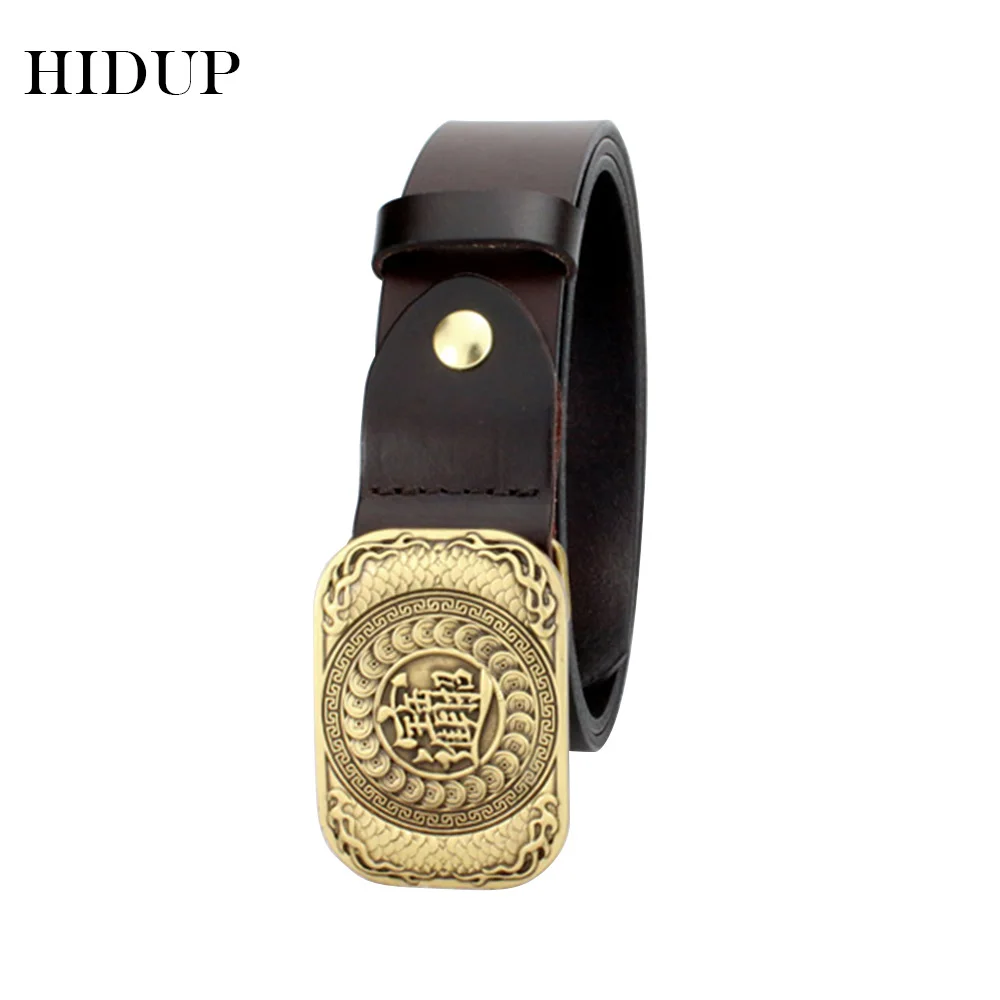 HIDUP Top Quality Solid Cow Cowskin Leather Belt Chinese Bao Rich Word Brass Buckle Metal Belts Men Clothing Accessories NWWJ140