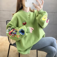 spring 2022 korean loose cartoon print oversized hoodie sweater o neck drop sleeves pullovers tops green yellow sweatshirts