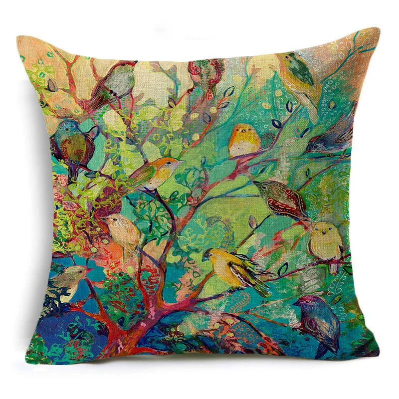 

Yaapeet 1pc Painting Printed Cushion Cover Linen Pastoral Pillowcase Decorative Bird Pattern Throw Pillow Case for Living Room
