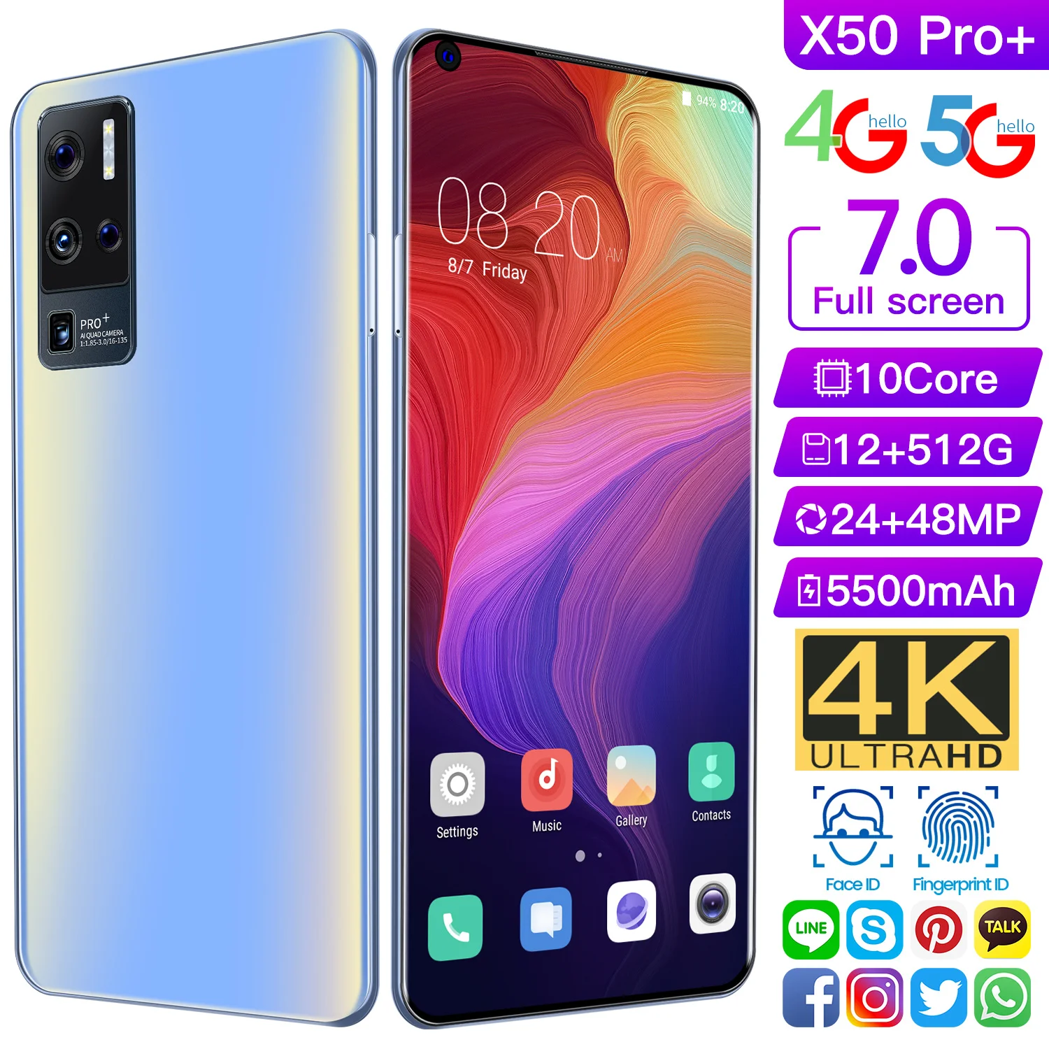 

Best Quality X50 Pro Global Version Smartphone 7.0 Inch Screen 5500mAh Snapdragon 888 12GB 512GB 24MP 48MP Camera Face ID