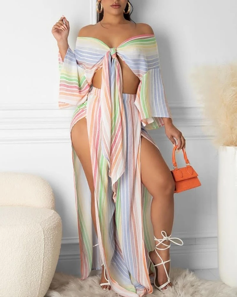 

Striped Off Shoulder Bell Sleeve Tie Front Top & Split Pants Set Women Two Piece Set