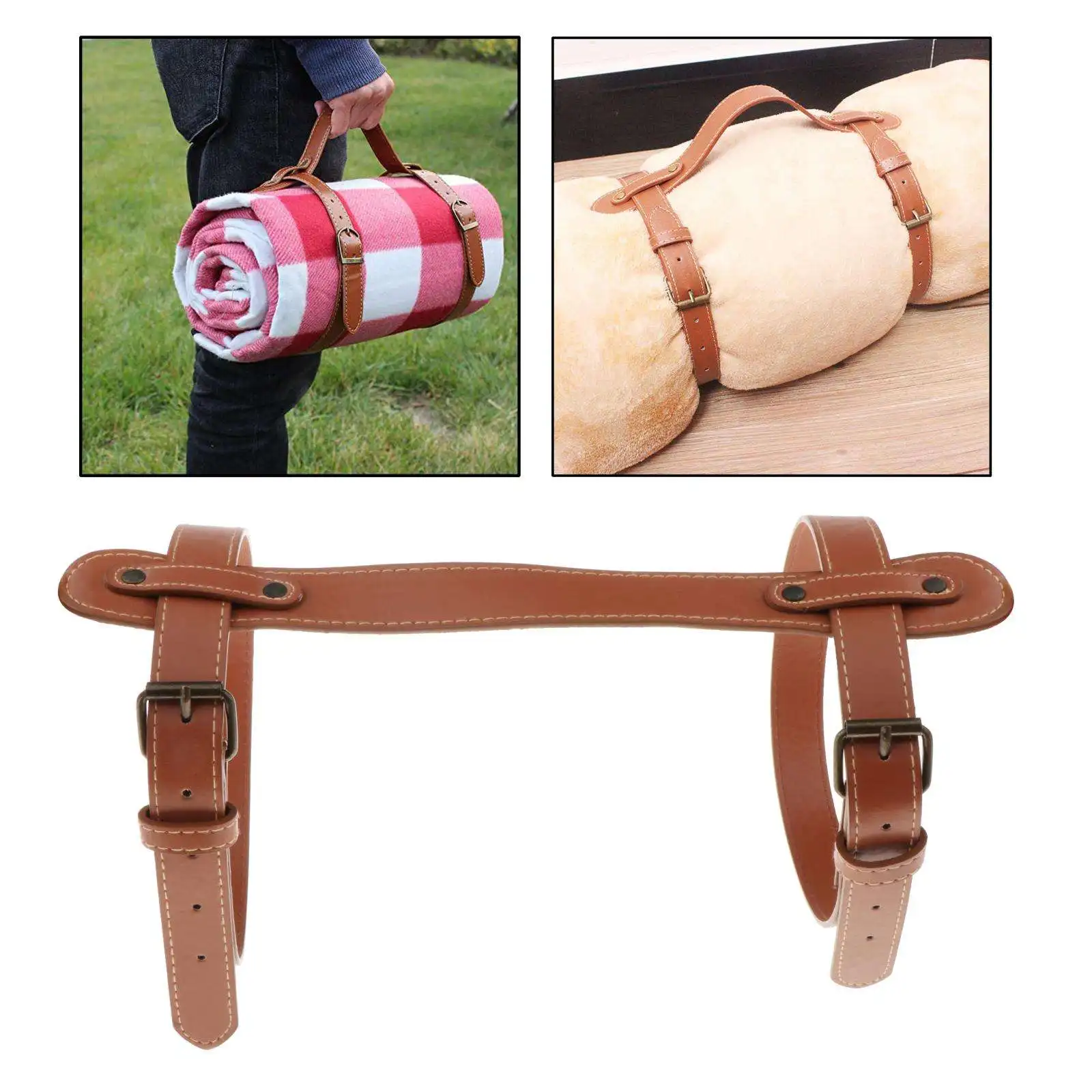 

PU Leather Outdoor Picnic Blanket Carry Strap for Camping, Festivals, Picnics, Motorcycle Bedroll Straps, Brown