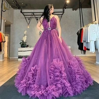 dubai 2020 sexy v neck purple evening dresses puffy a line beaded ruffles robe de soiree prom party gowns