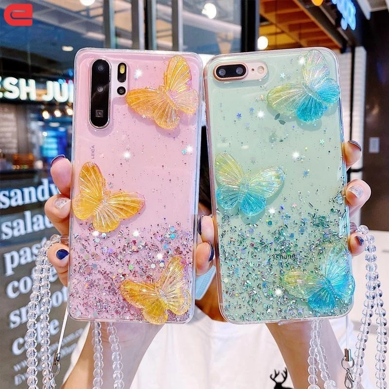 

3D Butterfly Case For Xiaomi Redmi Note 10 9 Pro 9T K40 POCO X3 NFC F3 Mi 11 10 10T Lite Ultra Lanyard TPU Glitter Bling Cover