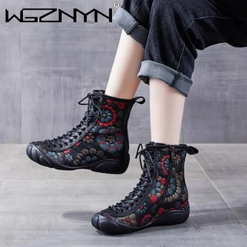 

Ботильоны женские из натуральной кожи с цветами, на шнуровке, мягкая удобная обувь на плоской подошве, ботинки с молнией сбоку, разноцветные...