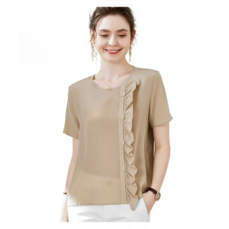 

Fashion Fashion Lace Buckle Silk Shirt round Neck Short Sleeve Loose Pure Color Silk Shirt Women's 2020 Fashion New Style