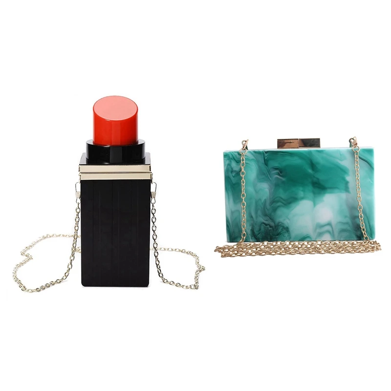 

2PCS Black+Red Lipstick Shape Evening Bags with Women's Evening Clutch Wedding Purse Luxury Women Mini Handbag Green
