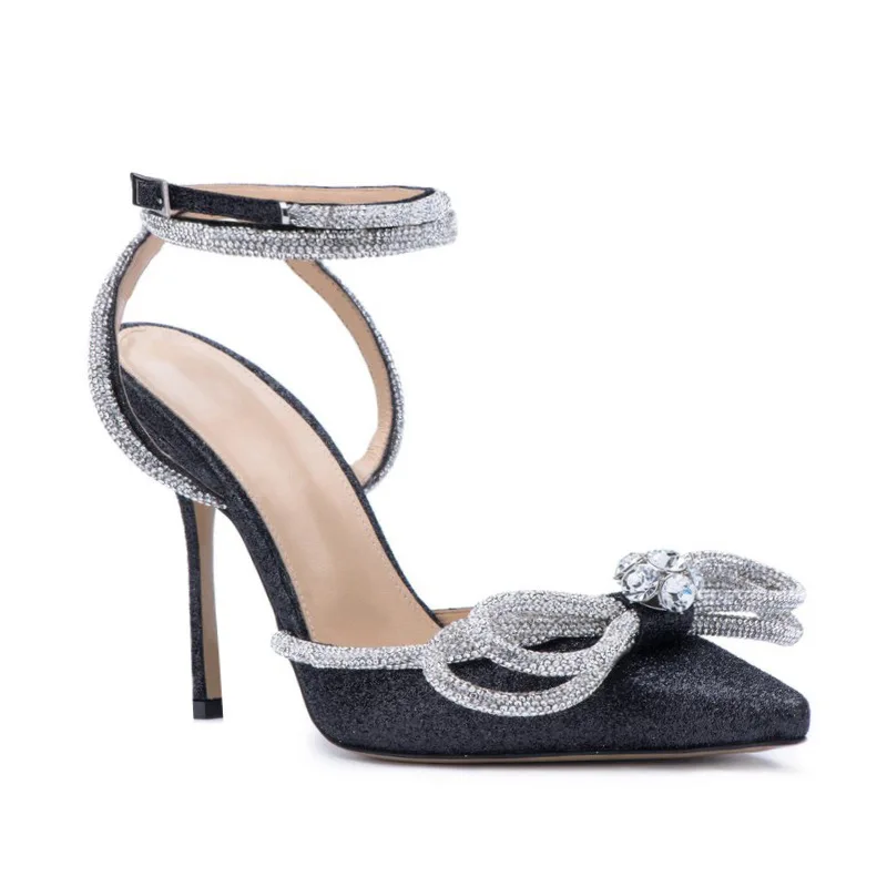 

New 2021 Women Sandals Elegant pointed toe High heels Wedding Dress Shoes Woman Satin Crystal Ankle strap Gladiator Sandals 42