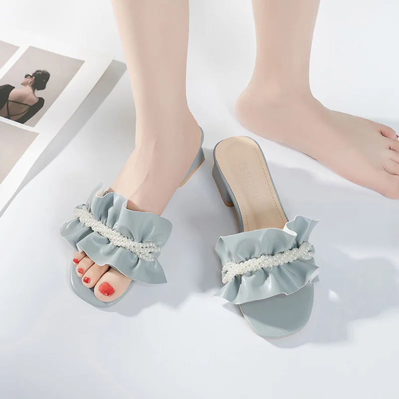 

Elegant Fashion Pearl Ruffled Square Head Open Toe Solid Color Simple Ladies Slippers Summer Casual Slippers Large Size 35-40.