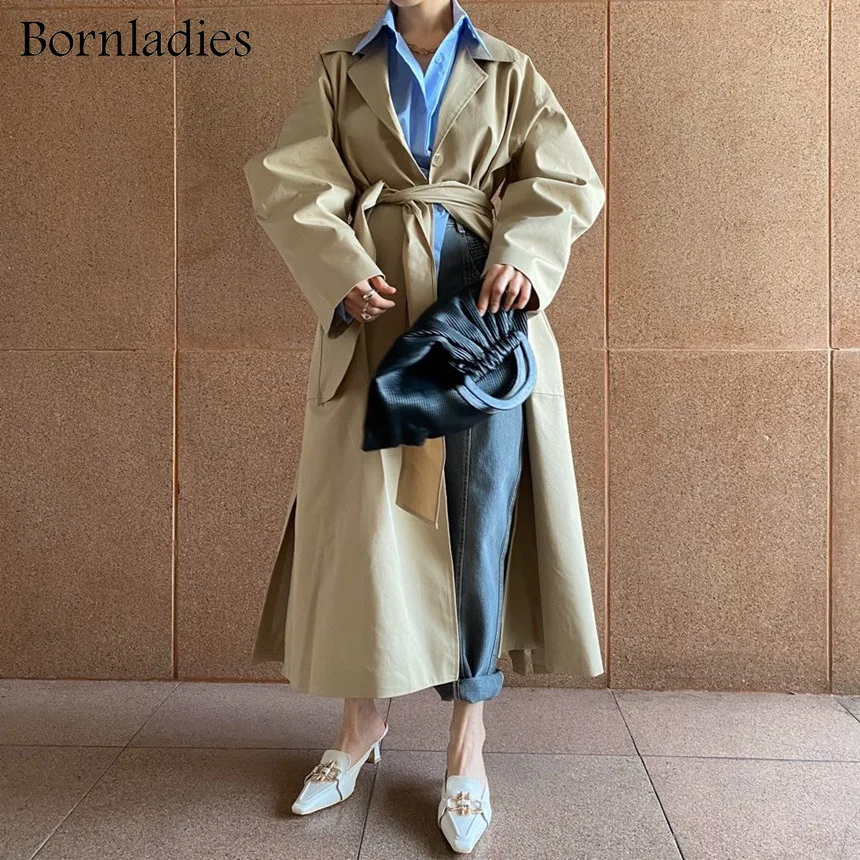 

Bornladies 2022 Осенняя Женская свободная ветровка Корейская тонкая талия с поясом винтажный Женский Тренч оверсайз верхняя одежда X-длинные паль...