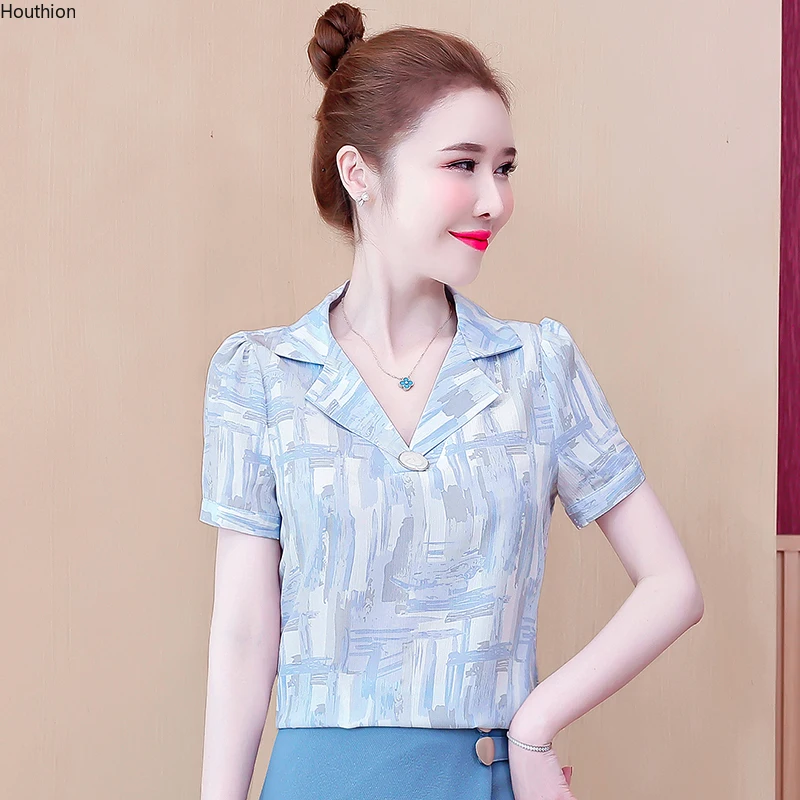 

Polo Shirts Women Blouse Short Sleeve Tops Print Fashion Shirt Chiffon Blouses Loose Top Casual New Lady Blusas 10067