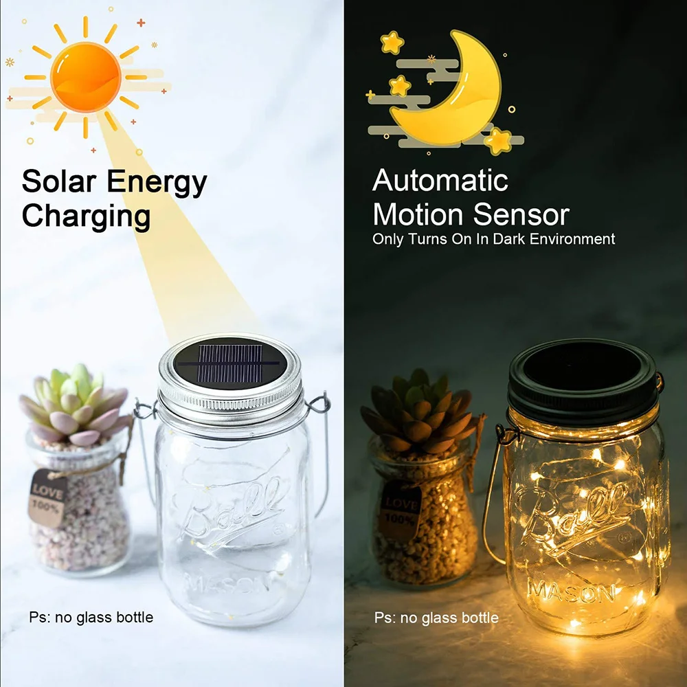 Solar Mason Jar Lights 5pcs Powered 20 LED Beads Fairy Firefly String Light Regular Mouth Jars for Outdoor | Дом и сад
