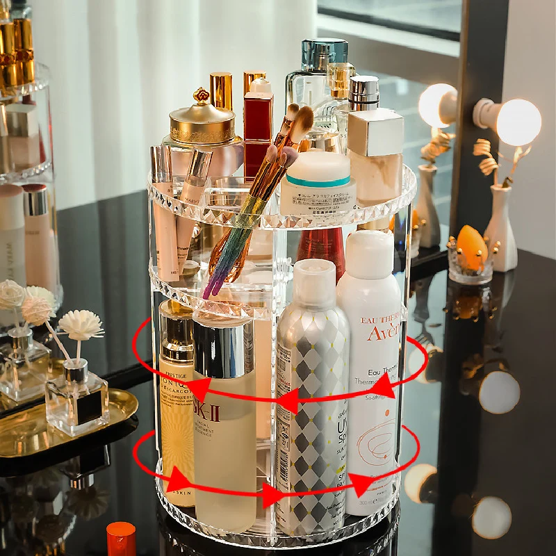 Caja de almacenamiento de cosm&eacute;ticos giratoria de 360 grados, organizador de maquillaje, estante de almacenamiento de cosm&eacute;ticos, soporte de exhibici&oacute;n de cristal helf-2