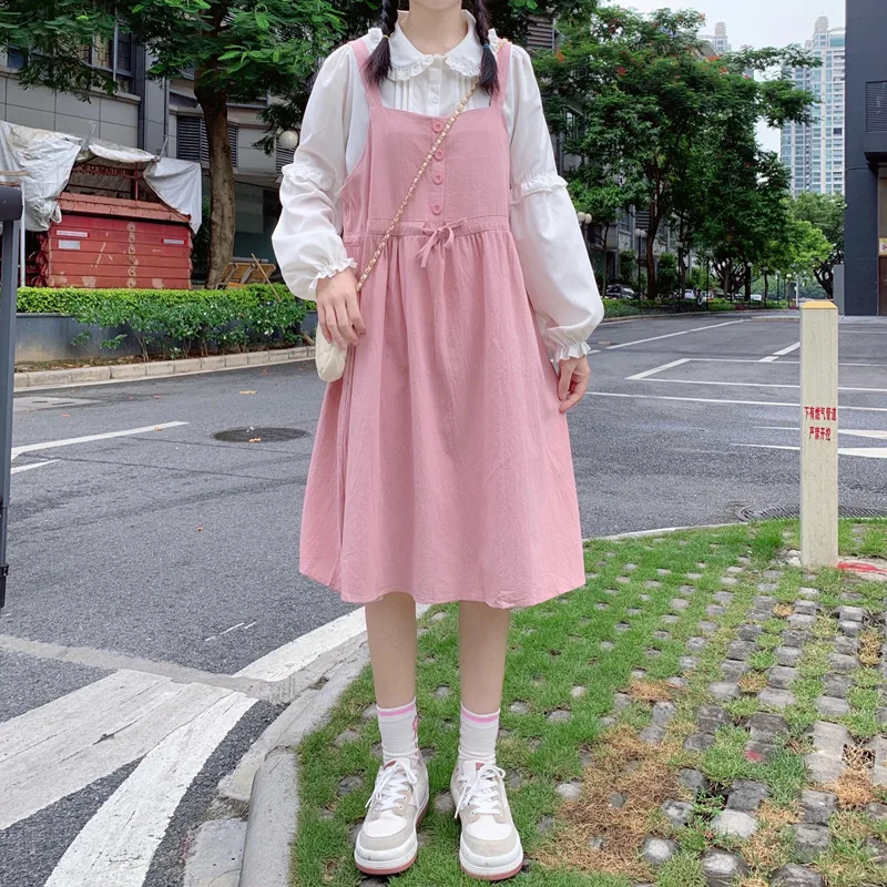 

Japanese Vitality Girls Camisole Dress Summer New Cute Soft Girl College Style Kawaii Pink Dresses Versatile Shirt Two-Piece Set